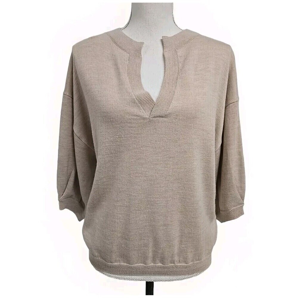 The Reset Label V-Neck 100% Wool Sweater Dusty Beige Soft Women’s Size S VGUC